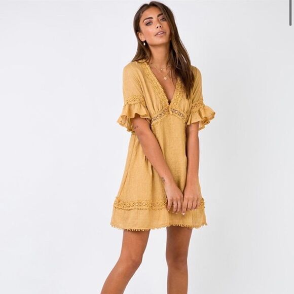 Princess Polly Darling Mini Dress - Mustard - Picture 1 of 8